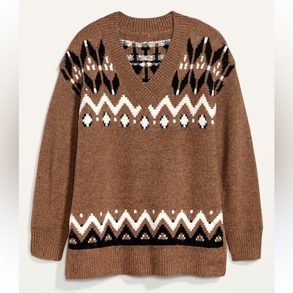 Fair Isle Slouchy Brown V Neck Tunic Sweater Oversized Small Old Navy Winter Ski - Picture 1 of 8